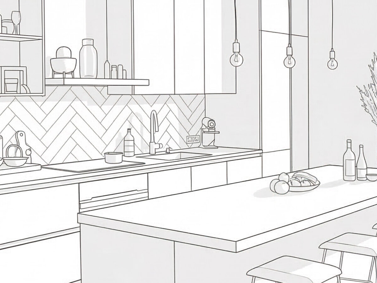 Rendering of a remodeled kitchen with an island and backsplash