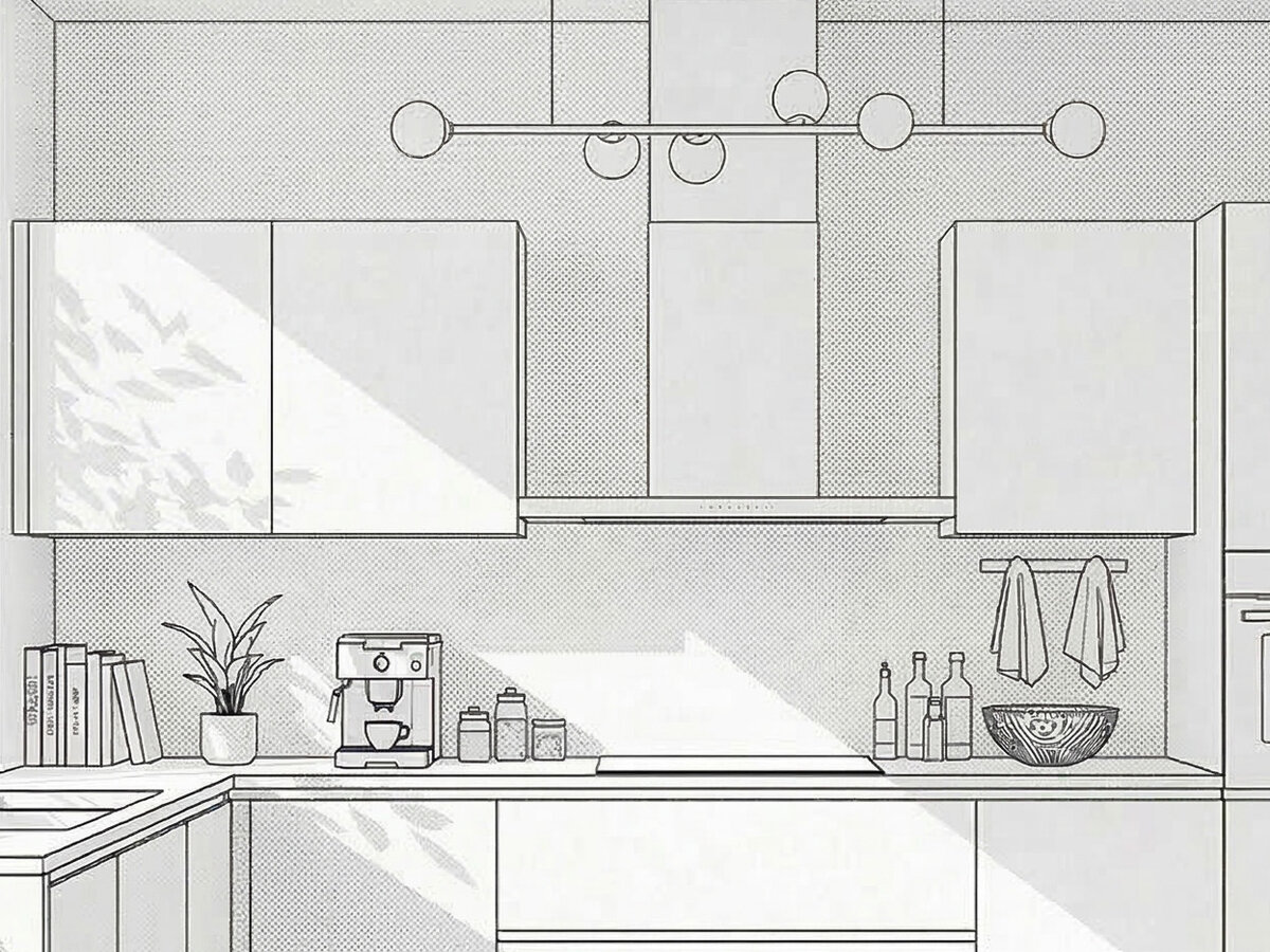 Rendering of kitchen counters and finishes