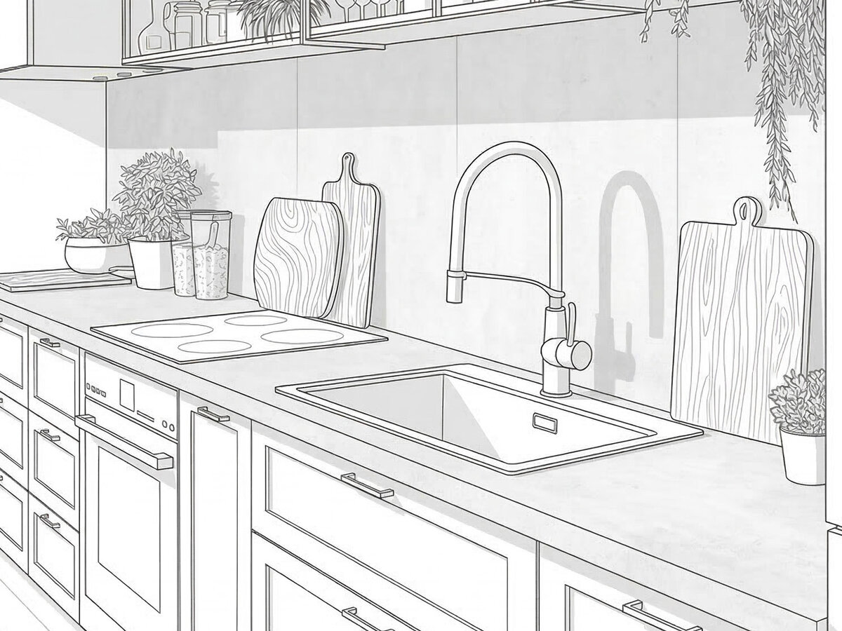 Rendering of a kitchen sink and prep area