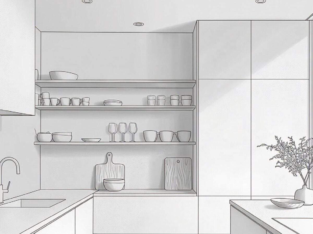 Rendering of kitchen open shelving and storage